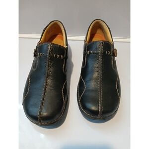 Clarks Unstructured Black Leather Slip On Mules Clogs Button size 9